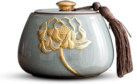 BTBTB Vintage Ceramic Tea Jar，tea caddy,kitchen storage,Porcelain Tea Canister for Loose Tea Ceramic Tea Storage Containers with Golden Lotus Pattern and Tassel Decoration(Green)