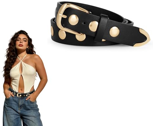 LEACOOLKEY Läderbälte för kvinnor jeans byxor dambälte läder punk nitbälte studerat bälte med nitar, A-svart, S Fit Taille Größe 66-81cm(100cm)