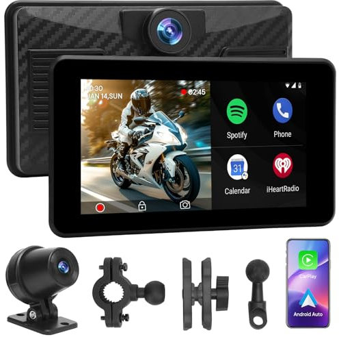 WODHMIEY Motorcycle CarPlay Screen 5-Inch IPS Touchscreen Navigator with 2K Front and AHD Rear Camera IPX8 Rated Bluetooth 5.0 Wireless Android Auto Dual Lens System 9V-24V for All Motorbikes