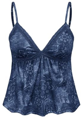 GORGLITTER Dam Y2k Camisole spagettiremmar toppar sommar crop top ärmlös topp ledig topp med kontrast spets, blå, M