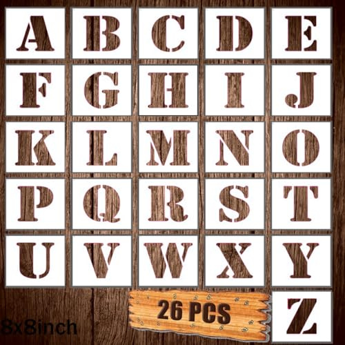TUTINGKE 8inch Letter Stencils Set, 26Pcs Plastic Reusable Scale Spraying Alphabet Stencils Learning Templates for Painting Painting Wood Wall Home Decor,DIY Craft Projects,Family Names (8 Inch)