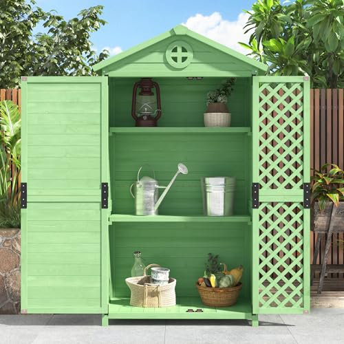 BTM Abri de Jardin Extérieur en Bois, Armoire de Jardin avec 3 Étagères, Cabane Extérieur pour Outils de Jardinage Résistant aux Intempéries, Abri de Rangement Patio, 90x56.5x175.3cm, Vert