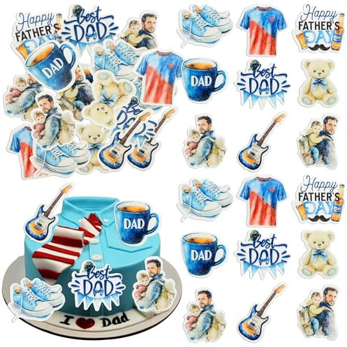 Ephlyn 54Pcs Edible Happy Father's Day Cupcake Toppers Wafer Paper Guitar Cup Best Dad Ever Cupcake Picks for Fathers Day Theme Birthday Party Cake Decorations Blue Red
