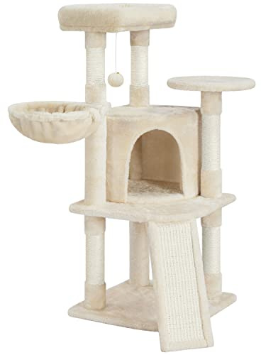 Abician Arbre à Chat Hauteur 107cm Griffoir, Tour de Jeux en Sisal pour Chatons, 3 Plateformes/Panier/Cachette, Multiniveau, Design, Beige