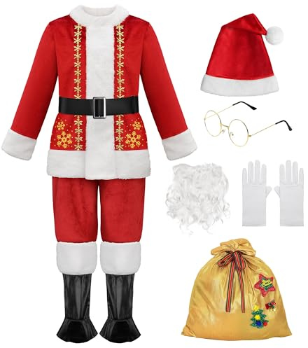 ReliBeauty Vestito Babbo Natale Bambino, Set Completo 9 Pezzi in Velluto, Costume Natale e Halloween, 100