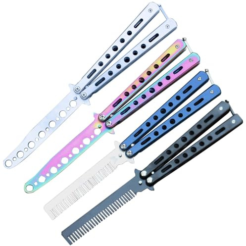 4 Stück Butterfly Trainer, Butterfly Messer zum Üben Ungeschärfte Klinge Übungs Kamm Edelstahl für Trainingsmesser Anfänger Flipping Tricks üBt, Balisong Trainer Knife (Schwarz + Blau + Weiß + Farbe)