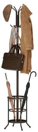 AUGOHCMIL Coat Rack Freestanding With Umbrella Holder – Metal Hall Tree with 12 Hooks, Entryway Organizer for Hats, Bags, and Clothes (Brown)