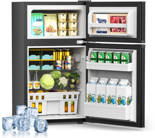Electactic Mini Fridge with Freezer, 3.2 Cu.Ft Compact Refrigerator with 2 Doors, Small Fridge with Adjustable Thermostat & Removable Glass Shelves for Bedroom, Office, Dorm, or Apartment, Black