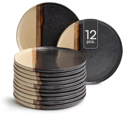 Home4You Brotteller - Ø 13 cm - Schwarz - Braun - Keramik - matt - 12er Set