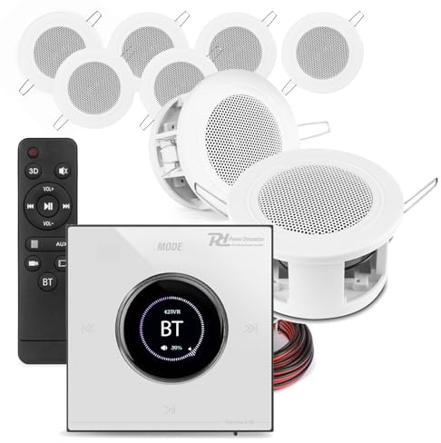 Power Dynamics Powerline B100W Compact Bluetooth Ceiling Speaker System – 8x 3 In-Ceiling Speakers & Wall Amplifier, Home Audio Installation Kit, Touch LCD, 10m Cables, White