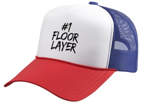 Floor Layer Trucker Hat with Adjustable Mesh Back, Red/White/Royal Blue