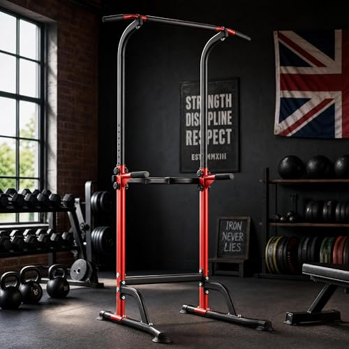 Power Tower Dip Station for Home Gym, Adjustable Pull Up Bar with Dip Bars, Heavy Duty Strength Training Station for Chin Ups, Knee Raises, Push Ups and Leg Raises, 10 Height Settings, 150 kg Max Load