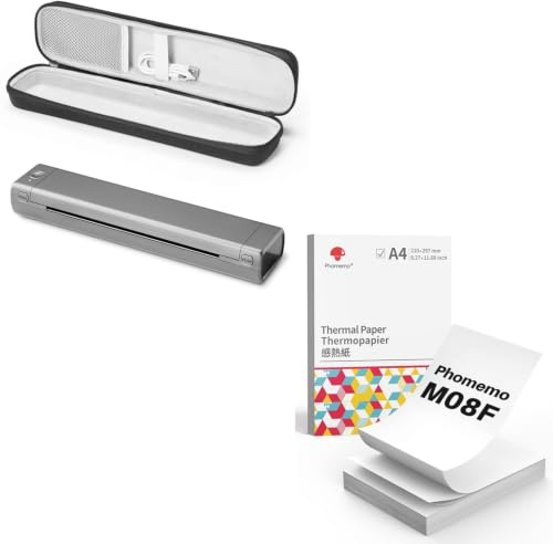 Phomemo M08F A4 Tragbarer Drucker Grau mit Schutzetui & 200 Blatt Gefaltetem A4 Thermopapier, kabelloser Bluetooth Mobildrucker für Reisen, Auto, Büro und Zuhause