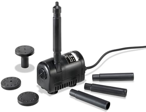 esotec Teichpumpe Rimini Fontäne Wasserspiel Zubehörpumpe 101750 | 6-9VDC, 170-230l/h, IP68, 1,1m Förderhöhe, 5m Kabel, 8/10mm, 4 Fontänen, Durchflussregler, Tauchpumpe, Gartenteichpumpe