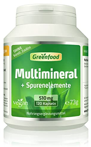 Greenfood Multimineral, hochdosiert, 510mg - 120 Kapseln, vegan. Mineralstoff Komplex & Spurenelemente - Magnesium, Calcium, Zink, Selen & Jod - für Knochen, Haare, Nägel & Nerven. Von Greenfood.