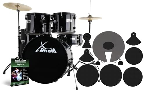 XDrum Rookie Schlagzeug Set Drumset Schwarz (20 BD, 10, 12, 14 TT, 14 SD, Übungsbecken bestehend aus einem Satz Hi-Hat-Becken 14 und 1 Crash-Ride-Becken 16, inkl. Schule & Schlagzeugdämpferset)