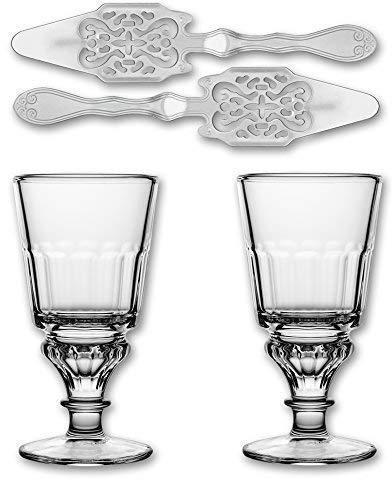 2X La Rochere Absinth Glas Pontarlier 300 ml + 2X Absinth Löffel Antique