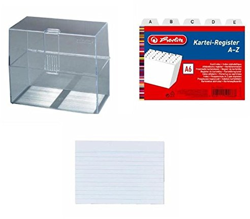 Karteikasten A6, Herlitz, Kunststoff, max. Füllung 300 Karten, transparent, 1 StückKarteiregister A6 PP weiß 25tlg A-Z, Karteikarte A6 liniert ws 100St hf eingeschweißt mit Aufreißfaden
