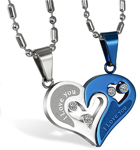 JewelryWe Valentinstag Schmuck 2PCS Paare Halskette Partnerketten Freundschaftsketten Partneranhänger Edelstahl I Love You Gravur Herz Puzzle Anhänger Kette Blau Silber