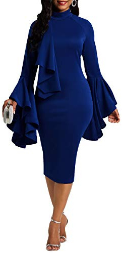 VERWIN Flare Long Sleeve Falbala Women's Bodycon Dress Sheath Dress Ruffle Party Dress XXL Blue
