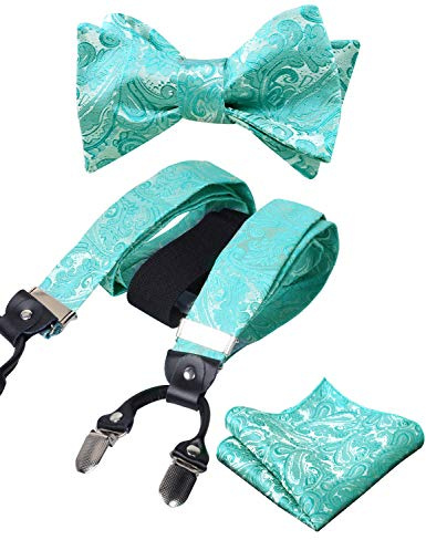 Alizeal Conjunto Ajustable con Estampado Floral para Hombre, Pajarita Auto-Ajustada, Pañuelo de Bolsillo y Tirante en Forma de Y con 6 Clips,Turquesa