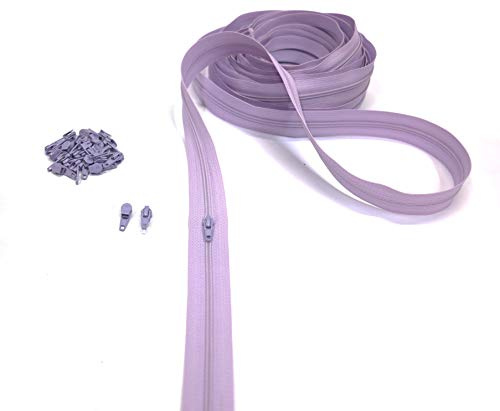 Cerniere Lampo al Metro in Nylon, Catena Continua, 20 Colori a Scelta, Zip in Metallo, 7 Lunghezze, 4 mm 100% Poliestere, Made in Italy (Lilla, 2 m + 5 Cursori)