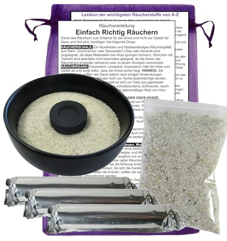 RÄUCHERSCHALE 10cm zum RÄUCHERN & 30x Räucherkohle für jedes RÄUCHERWERK. 6-tlg Räucher SET. Keramik Schale + Räucherkohle + Räuchersand + Anleitung 81587-S