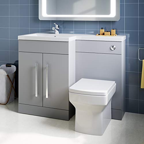 ELEGANT 1100mm Left hand Matte Grey Vanity Unit & Back to Wall Toilet Unit with Square Toilet & Basin