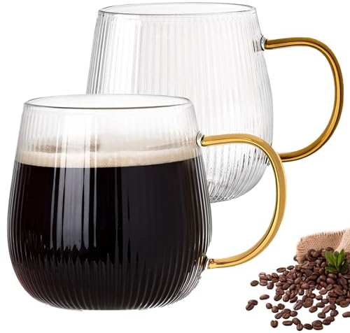 GLASKEY Tazas de Café de Vidrio de Borosilicato con Mango Amarillo Claro,Paquete de 2 Tazas de Café de Vidrio de 370 ml,Tazas de Té a Rayas Resistentes al Calor para Bebidas frías y Calientes