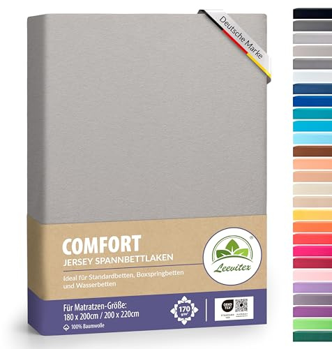leevitex® Premium Spannbettlaken 180x200–200x220 cm | 40 cm Steghöhe – für Standard-, Boxspring- & Wasserbetten | 100% Mako-Jersey-Baumwolle | ÖKO-TEX Zertifiziert | 170 g/m² | Silber/Hellgrau