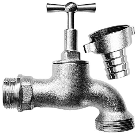 MegaHaustechnik Auslaufventil Messing verchromt 1 Zoll Außengewinde AG Wand Anschluss, Abgang 1 1/4 Zoll Außengewinde AG mit Kunststoff Tülle Außendurchmesser 25mm für 1 Zoll Wasser Absperr Hahn