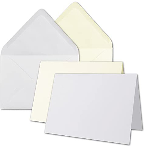 Set di 20 biglietti pieghevoli con buste più grandi di DIN B6, taglie forti, bianco e crema, biglietti pieghevoli con buste