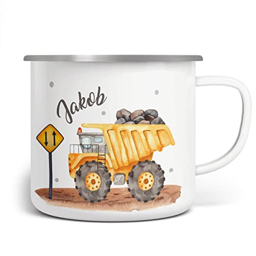 miKalino Emaille Tasse Jungs - Personalisierte Kindertasse mit Kipplaster-Motiv - Weißer Emaille Becher mit Namen