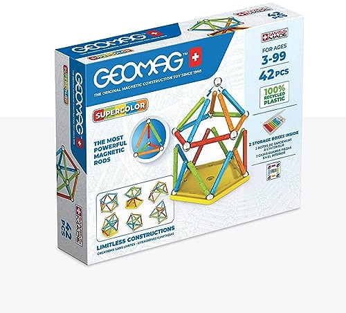 Geomag, Supercolor Recycled, Magnetische Konstruktionen, Bunte Stäbe und Paneele, 42-teilige Packung, 100% Recycling-Kunststoff