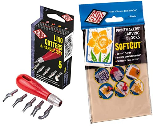 ESSDEE Five Lino Cutters and Handle Set (Lino Cutter Styles 1 to 5) & Essdee 3.0/SC2 Softcut Printing Block 150x100x3mm Pk2, PVC, Beige, 150x100mm
