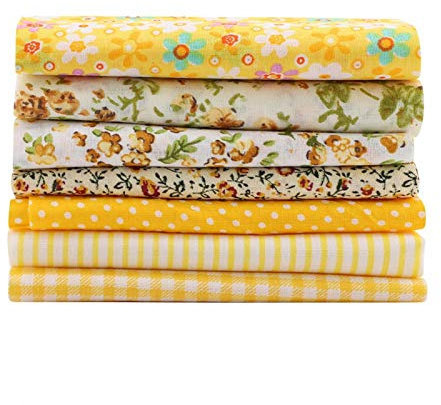 7Pcs Baumwolle Patchwork, 25x25cm (10 * 10In) Vorgeschnittene Quadrate Blumenstoff Patchwork Nähen Quilting Bundles, 7 Muster, Für Dekor, Taschen Hüte Diy, Quilten Anfänger (Gelb)
