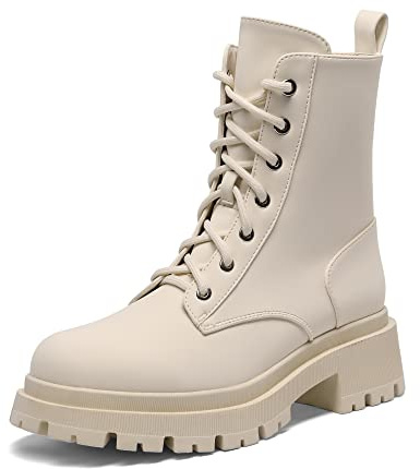 DREAM PAIRS Bottines Femme Mi-Mollet avec Fermeture Eclair Tendance Comfortable Bottes à Lacets avec Talon Large et Doublure Chaude Beige SDMB2203W-E Taille 41 (EUR)