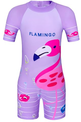 Moneric Traje de baño de una pieza con protección UV para niñas, traje de baño de unicornio para niños, traje de baño con gorro, S002-morado, 2-3 Años