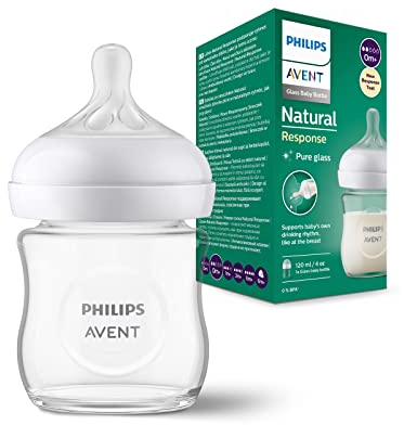 Philips Avent Glass Baby Bottle Natural Response - 120 ml Baby Milk Bottle, BPA Free for New Born Babies Aged 0 Months+ (Model SCY930/01)