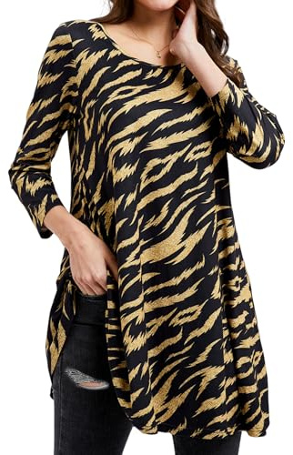Enmain Tunique Femme à Manches 3/4 Tuniques Top Chic élégant Chemisier Grande Taille Col Rond Imprimée Long Haut Ample pour Femmes,Noir,XL