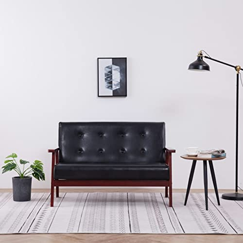 Homgoday Retro-Look Kunstleder-Sofa Schwarz 2-Sitzer, 113,5 x 67 x 73,5 cm, für Wohnzimmer & Entspannung Model248642