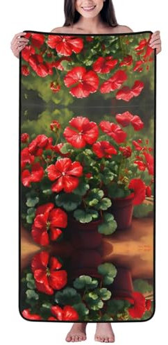 YYHHAOFA Samthandtuch mit roten Geranien, 68,6 x 139,7 cm, hautfreundlich und bequem, gute Wasseraufnahme, leicht und weich