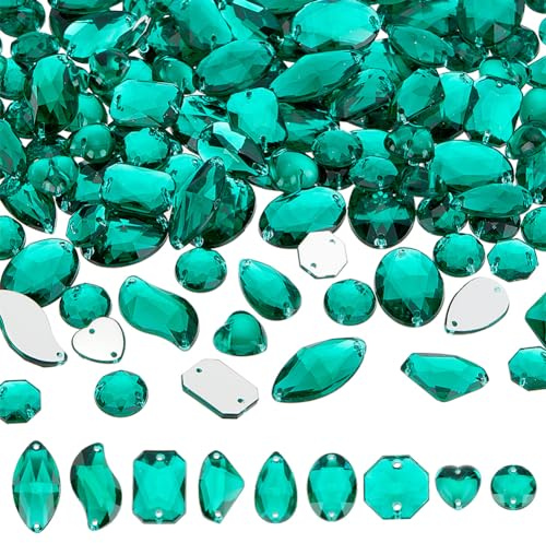 PH PandaHall 140 Stück Strasssteine Zum Aufnähen 9 Stile Grüner Acryl Strassstein Facettierte Edelsteine Mit Flacher Rückseite Und 2 Loch Für Karneval Kleidung Kostüme Urlaubsdekoration Kunsthandwerk