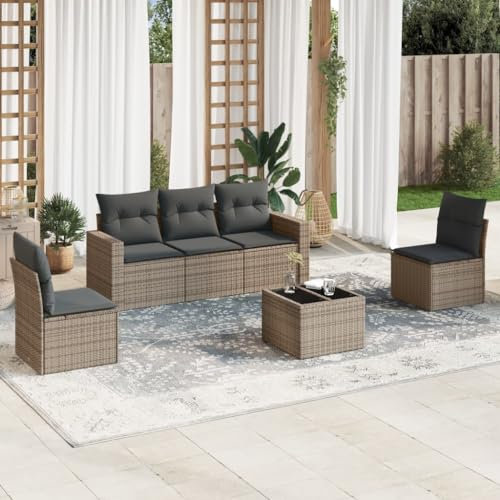 ULUYYUC 6-TLG. Garten-Sofagarnitur, Schlafsofa Eckbankgruppe Ecksofa Gartenstühle Geeignet für Außenbereich Garten Balkon Hinterhof mit Kissen Grau Poly Rattan