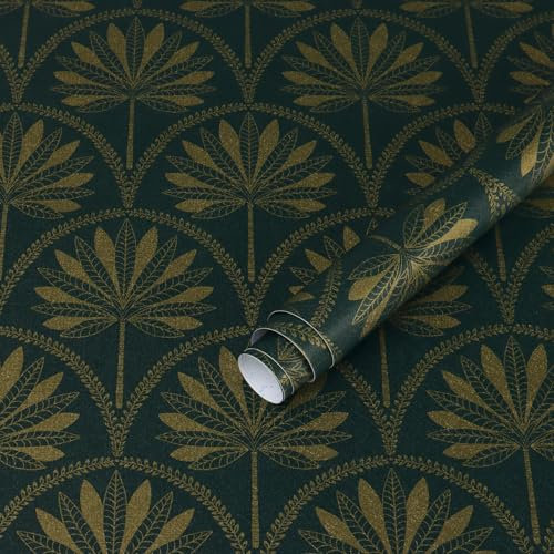 Heroad Dark Green Peel and Stick Wallpaper Tropical Wallpaper Green and Gold Contact Paper for Bedroom Living room Removable Self-Adhesive for Cabinets Shelf Liner Vinyl Roll Self Adhesive 78.7x17.3
