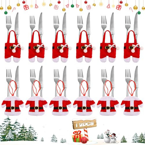 Hillylolly Tischdeko Weihnachten, Besteckhalter Weihnachten, Bestecktasche Weihnachten, Weihnachtsdeko Tischdeko, Filz Bestecktaschen Weihnachten, für Messer Gabel Löffel Besteck (12 Kleidung)
