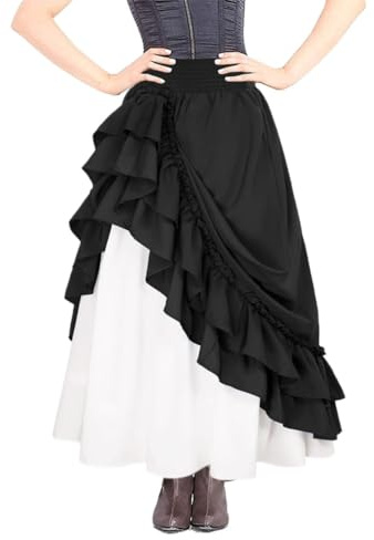 EMOTTOS Gonna Medievale Donna con 2 in 1 Design, Halloween Vittoriana Linea ad A Gonne con Tasche, Lunga Vintage a Vita Alta con Volant e Doppio Strato, Nero