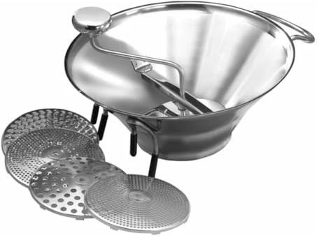 Soro Essentials- 5 Quart Stainless Steel Food Mill with 5 Milling Sieves Heavyweight- Hand Crank Rotary Food Mill for Tomato Sauce Apple Sauce Puree Mashed Potatoes Jams Baby Food for Purees Sauces