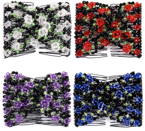 Umibow 4 Stück Magische Kämme dehnbar Doppelhaarkamm, Haarkamm-Clips, elastische Perlen Rosen-Haarspangen, Haarschmuck für Frauen Mädchen