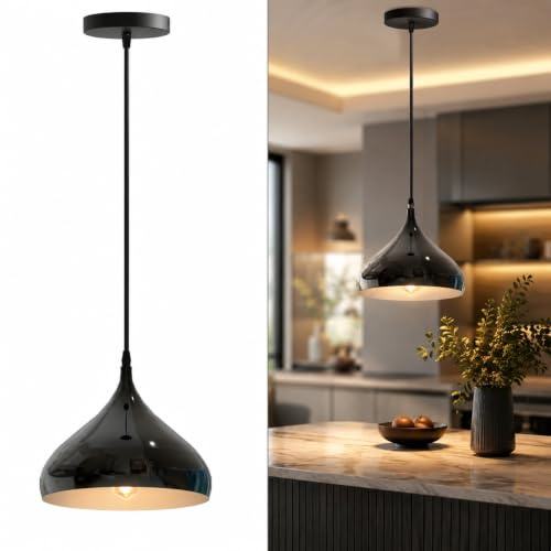 LEDSone Industrial Pendant Light Shade Black Metal Ceiling Light Fitting | E27 Hanging Lamp, Modern Vintage Ceiling Lighting for Kitchen Island Dining Room Bedroom Hallway